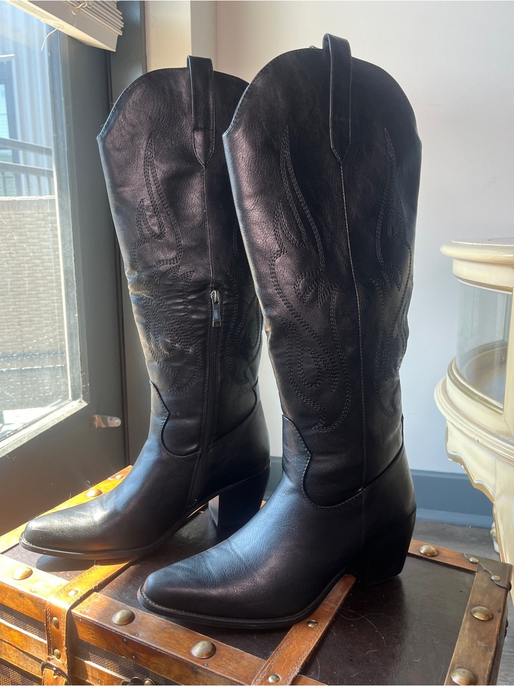 Classic Black Leather Western Knee-High Boots